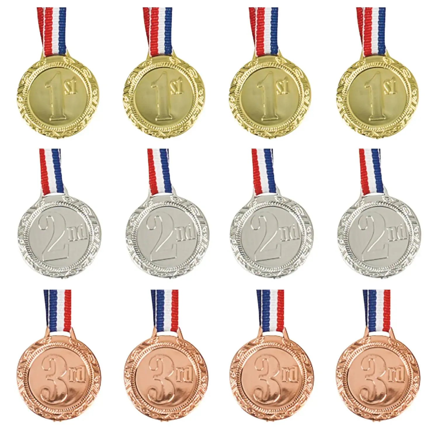 1 1/4" 1st, 2nd & 3rd Place Plastic Award Medals with Striped Ribbon - 12 Pc., Classroom Rewards, Includes 12 Pieces, Place Markings
