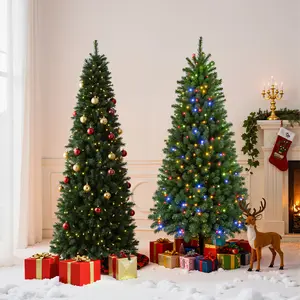 Pre-lit Pencil Christmas Tree, Green Artificial Spruce Slim Christmas Trees with 250 Incandescent Lights, 571 Branch Tips & Foldable Base for Home, Office, Party Decoration