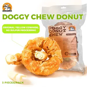 NicePlus Doggy Donut Chew - Chicken Wrapped Rawhide Chews for Medium Large Dogs, 3 Pieces/Pack, Tight Cowhide Texture, Protein-Rich, Hip & Joint Health Support