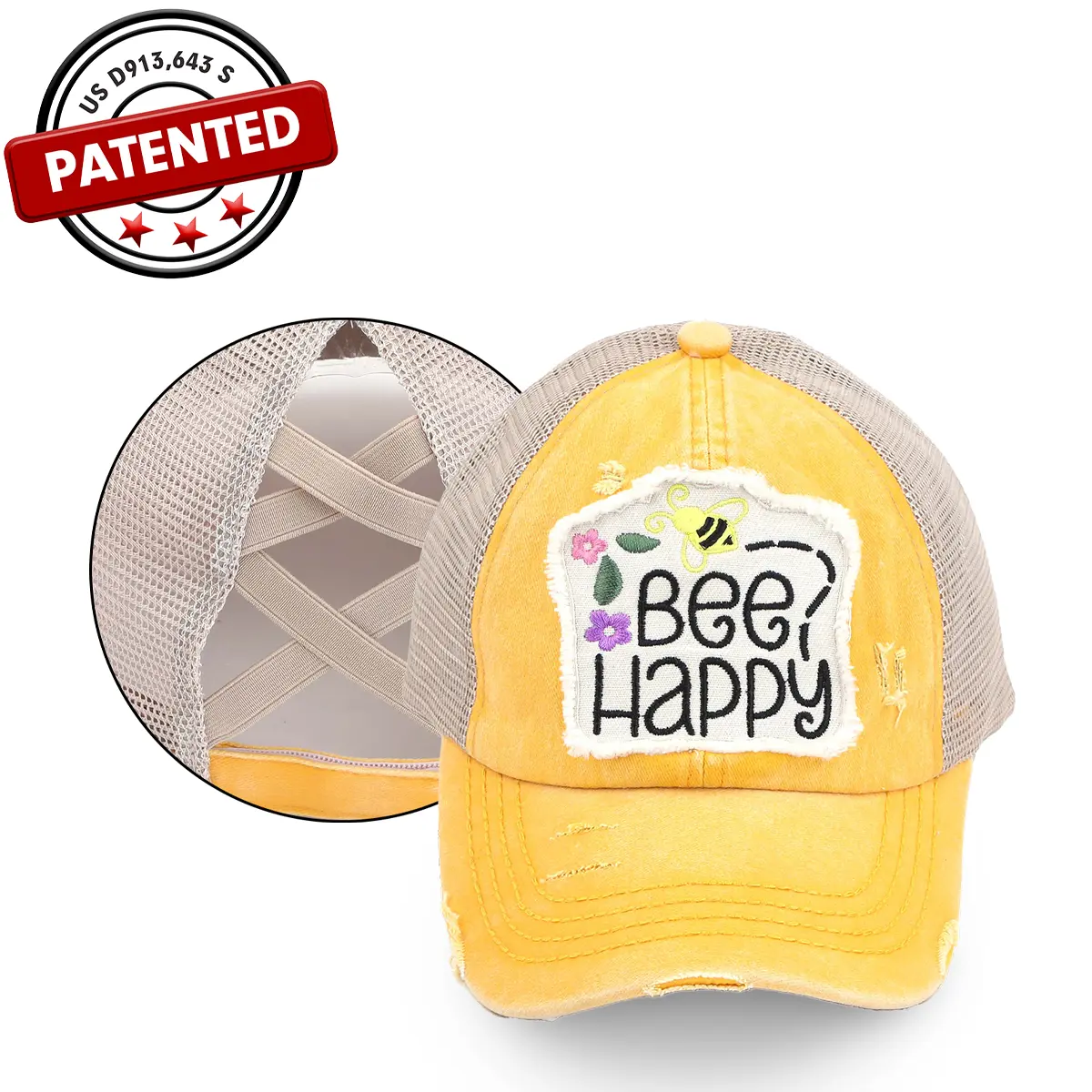 C.C Distressed Embroidered Bee Happy Patch Pony Cap for Women graphic hat