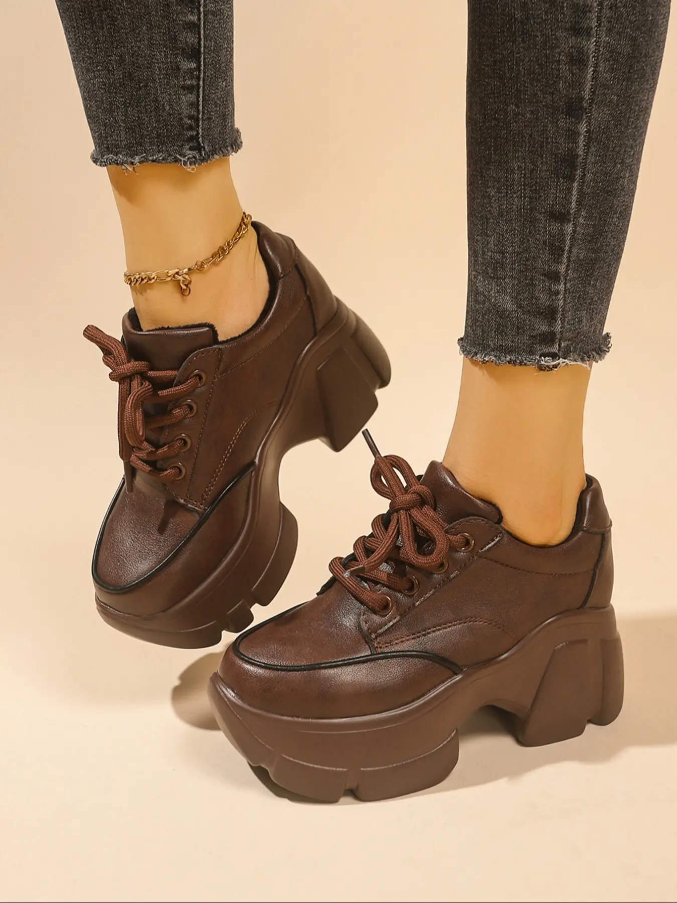 New Cool Thick Sole Lace-Up Platform Shoes, Women's Height Increasing Casual Sports PU Leather Sneakers, Stylish Low Top Footwear for Everyday Wear, Platform Casual Trainers, Thick Soled Sneakers, Height Boost Sneakers