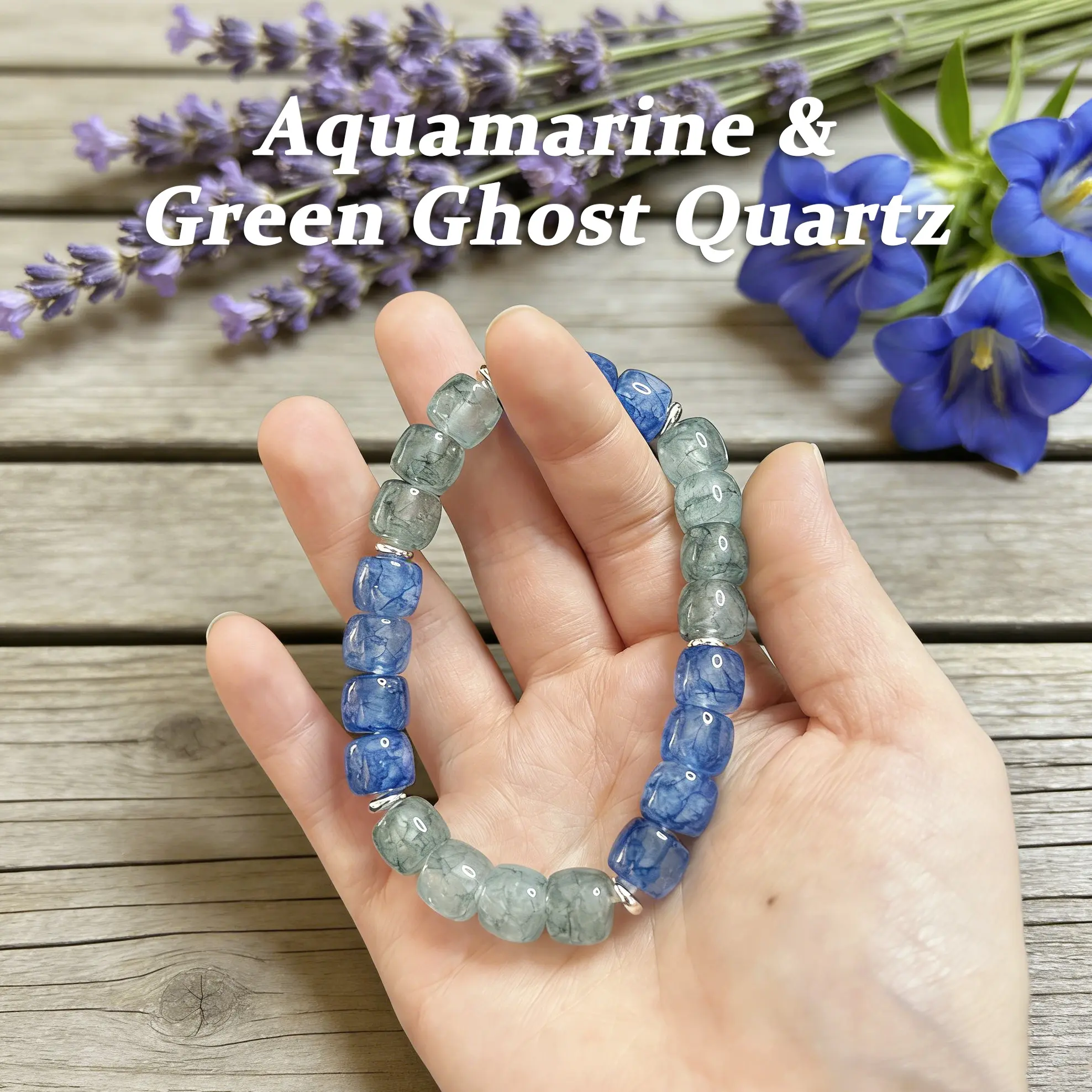 [Free 14K Gold Pendant] Natural Crystal Mood-Stabilizing Energy Bracelet, Featuring Aquamarine & Green Ghost Quartz for Anxiety Relief & Aura Purification Unisex Accessory, March Birthstone, Relaxation, Healing Natural Crystal Bracelets & Anklets