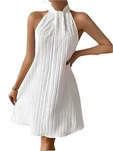 Women's Casual Dress Hanging No-belt Sleeveless Solid Flowing Pleated Beach Party Evening Pleated Swing A-line Loose Dress