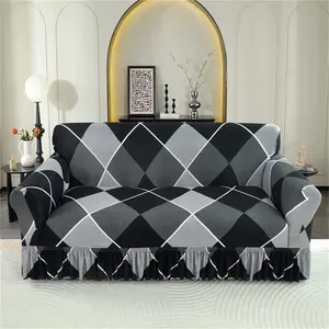 Geometric Pattern Stretch Sofa Cover, 1 Count Sofa Slipcover with Skirt, Dustproof Sofa Protector for Home Living Room, Sofa Protector for Home Living Room