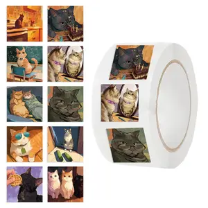 Cat Meme Pattern Envelope Seals Sticker Roll, 500pcs/roll 10 Styles Funny Sticker, Happy Cat Meme Sticker, Kawaii Sticker, Vinyl Waterproof Sticker