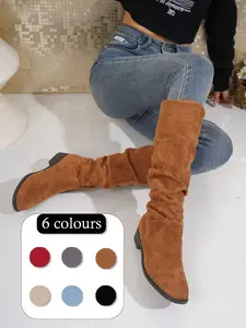 Women's Knee-High Boots Spring & Fall New Vintage Wrinkled High-Top Denim Riding Boots, Fashionable Soft Flannel Upper, PVC Leather Sole, Footwear