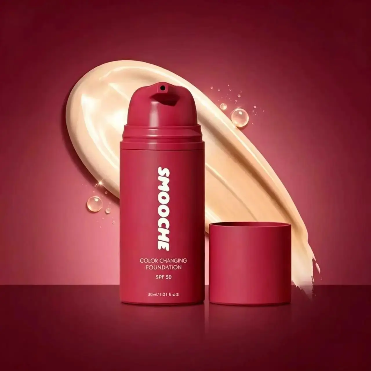 Smooche Adaptive Color Changing Foundation, Self Shade Adjusting Liquid Base with SPF50, 24 Hour Transfer-Proof Long Wear, Vegan Clean Beauty Makeup
