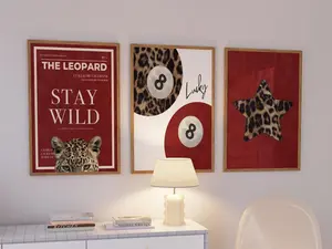 Set of 3 Vintage Prints Leopard Cheetah Print 8 Ball Lucky Red and Black Trendy Wall Art Gallery Preppy Luxury Home Decor