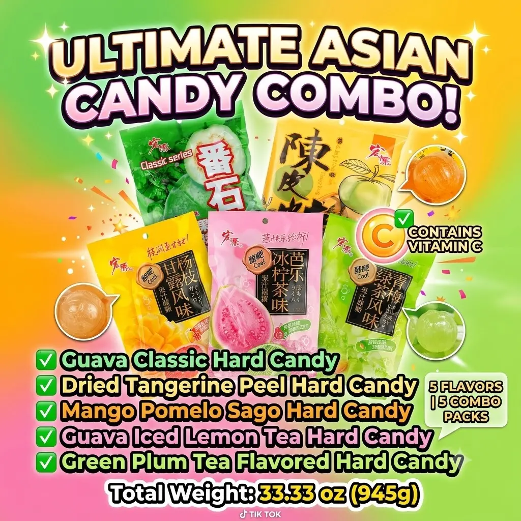 Hongyuan Asian Hard Candy Assortment 33.33 oz (945g) – 5 Combo Packs with Vitamin C (Guava, Dried Tangerine Peel, Mango Pomelo Sago, Guava Iced Lemon Tea, Green Plum Tea)