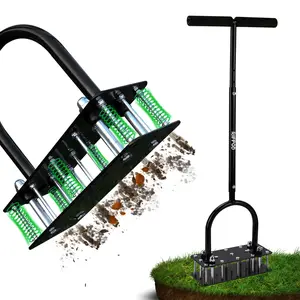 RIFPOD Double Layer Lawn Aerator Automatic Dirt and Leaf Clean Design,Grass Aerator for Yard and Garden,Soil renovation Hydrophobic permeation Revives Lawn Health , Heavy Metal Spring Duty Lawn Aerator Tool with 15 Iron Spikes Height Adjustable