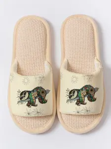 Vintage Patchwork Sloth Print Toe-Open Slippers, Soft Sole Home Floor Drag Non-Slip Breathable No Odor, All Seasons