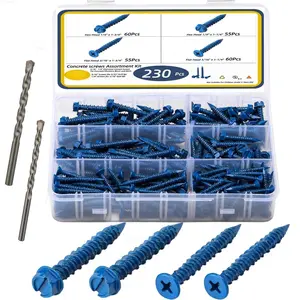 232 count Concrete Screws with Drill bits,1/4 3/16 Masonry Screws for Concrete Assortment Kit,4 Sizes Flat & Hex  Block Cement Stacoo Screws and Anchors, Point,Blue Coated