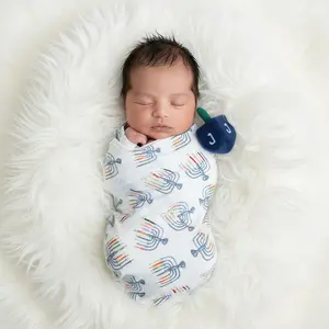 Magical Menorahs Swaddle, XL Baby Swaddle Blanket, Soft Bamboo Blend with Stretch, Cozy Snuggle Blanket, Nursing Cover + Stroller Cover, Magical Menorahs Print, 45 x 45 in