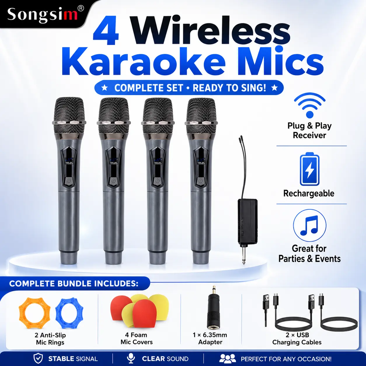 Songsim 4 Pack Wireless Microphone System, Rechargeable Handheld Karaoke Mics with Plug-and-Play Receiver and Digital Display for Speaker, Karaoke Machine, Church, Party and Events
