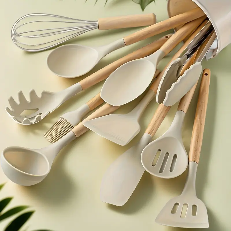 12-piece silicone dining set, non-stick silicone kitchenware with wooden handles - safe and easy to clean - perfect for cooking and baking - essential for schools and dormitories Utensils Spoons Home