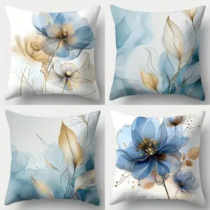 4pcs Spring Modern Simple and Fresh Blue Gold Flower and Plant Theme Printed Pillow Cover, Suitable for Living Room Sofa Home Decoration (Pillowcase Only, Pillow Core Not Included)