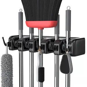 Broom Holder Wall Mount - Mop and Broom Hanger Holder - Garage Storage Rack & Garden Tool Organizer - 5 Position 6 Hooks Broom Rack for Home, kitchen, Garden, Tools, Garage Organization - Black spinning hook hanger
