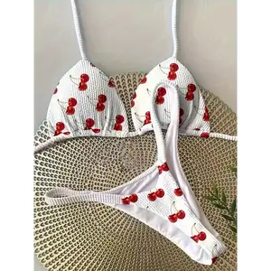 [Cherry Bikini Set] Two-Piece High Stretch Women's Halter Neck Bikini Set - Cherry Pattern, 300gsm Knit Fabric, Polyester & Elastane for Beach Vacation