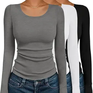Ekouaer Women's Long Sleeve Ribbed Scoop Neck Casual Thermal Undershirts, 2025 Fall Fitted Basic Tees, XS-XXL Sizes, Longsleeves