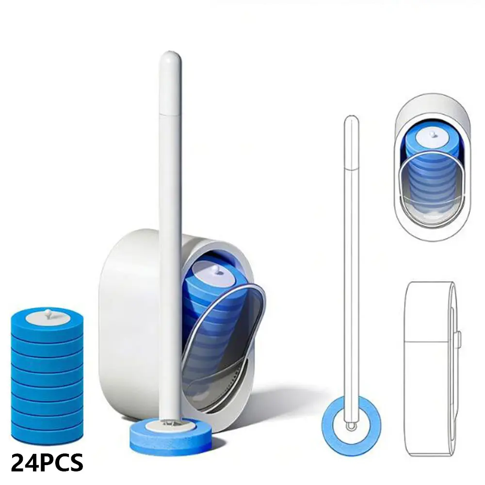 Disposable Toilet Scrubber Brush Kit with 24 Refill Heads, Lightweight Wand, Self-Cleaning Pads, Wall-Mount Buckle, ABS Construction - Bathroom Brush Cleaner, House Cleaning Tools - No Pre-Rinse, No Mess, No Odor