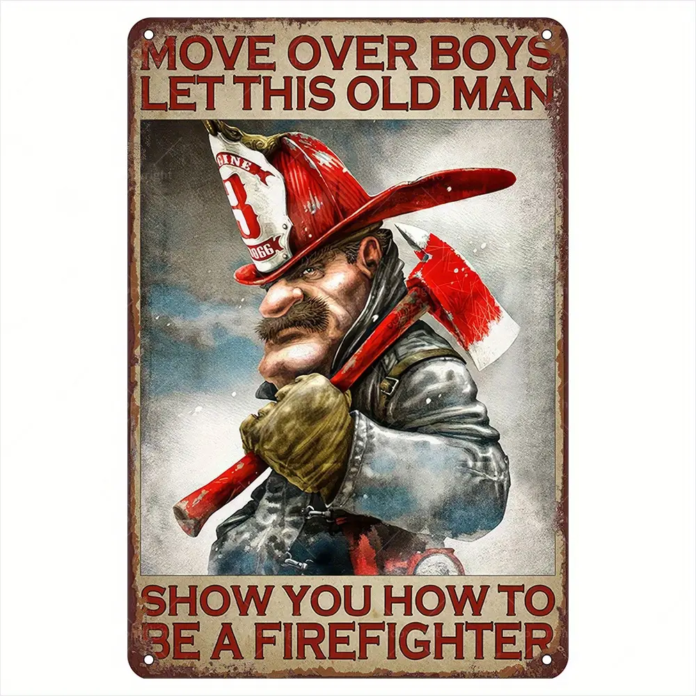 Vintage Firefighter Painted Steel-Solid Metal Sign Wall Plaque, Waterproof Home Decor, Aged Vintage Speciality Plaques & Signs, Ideal Gift for Fire Lovers, Suitable for Fire Station