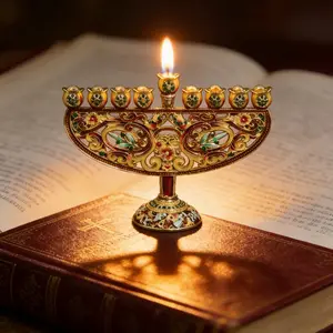 Enamel Hanukkah Candle Holder, Luxurious Baroque Design with Gold Detailing, Perfect for Jewish Homes and Cultural Enthusiasts, Decorative for Celebrations and Prayer