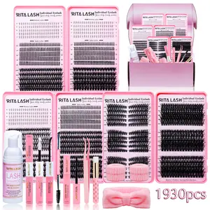 RITALASH 1930Pcs D Curl Eyelash 3 Trays Kit Bottom+Spike Natural Eye Makeup, Reusable, Diy Personal Lashes, Diy Lash Clusters, with Makeup Tools Bond&Seal, Remover, Headband, Daily Use Individual Eyelashes, Eyelash Extension Kit