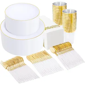 350pcs Gold Dinnerware Set for 50 Guests,Fancy Disposable for,Gold Silverware with White Handle,Disposable White Wedding,Birthday