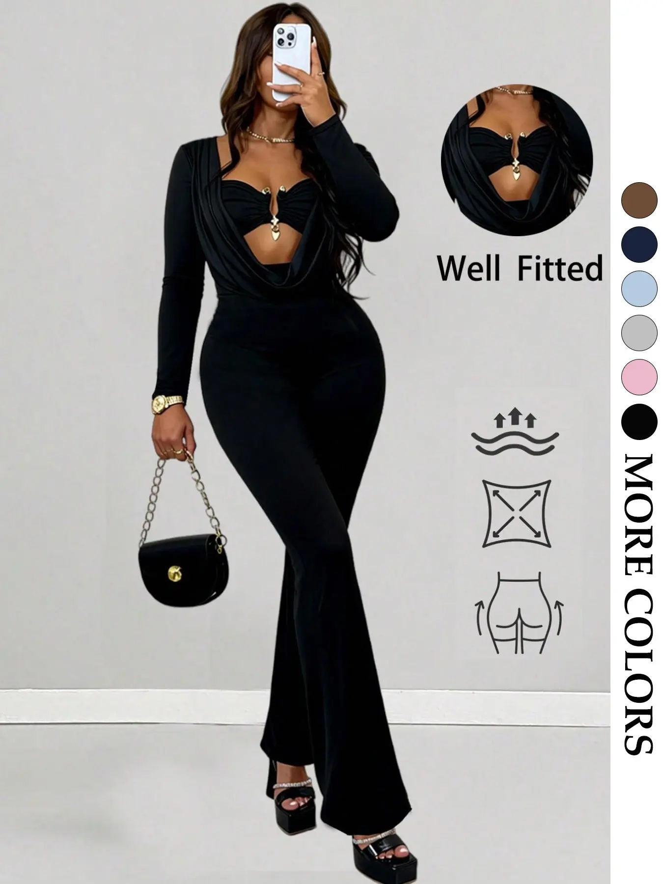 Women's Metal Buckle Long Sleeve Jumpsuit, Ruched Neck Design, Front Metal Buckle Decor, Sexy Party Style, Night Out, Commuting, Fitted, Womenswear, Lady, Party Club Jumpsuit
