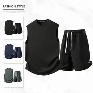 Men's Sleeveless Tank Top & Shorts Set Waffle Texture Breathable Cool High Elastic Drawstring Waist Loose Fit Summer Ice Silk Touch Comfortable Skin-Friendly mens  shapewear  usa fathersdaygift