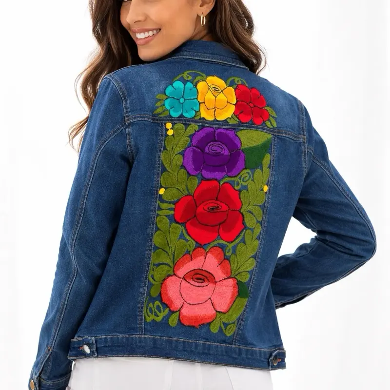 Women's Denim Jacket with Mexican Floral Embroidery, Blue Jean Coat with Colorful Hand-Stitched Flowers