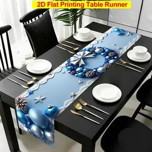 2D flat printing, 1 blue Christmas background table flag with decoration, romantic printed creative table flag, rectangular beautiful table decoration, suitable for holiday dining and parties, linen fabric, household items