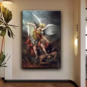 1 Piece Wooden Frame Canvas Painting, Archangel Michael Illustration, Modern Popular Wall Art, Suitable for Office Corridor Home Living Room Decoration, Holiday Gift, Excellent Gift for Christmas, Wall Decoration Painting Poster Ornaments