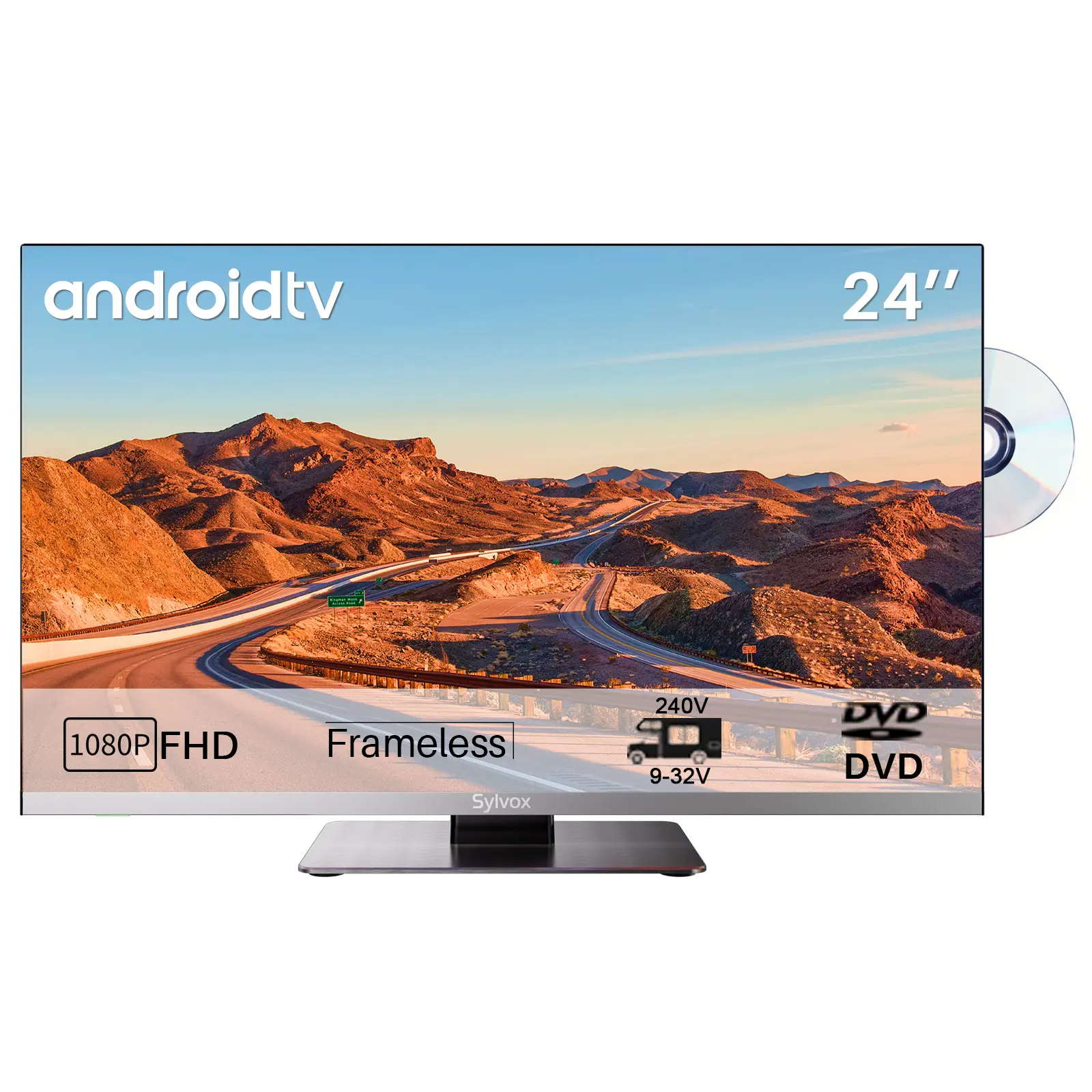 SYLVOX Smart RV TV, 24 inch TV with Built-in DVD Player, 12 Volt TV for RV Camper 1080P FHD, Android System Free Download APPs, Support WiFi Bluetooth, 2 HDMI & 2 USB, AC/DC Powered