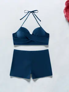 Deep Halter Two-Piece Tankini Swimsuit Set, High-Waisted Briefs, Slimming & Conservative, Perfect Beachwear Choice, Summer Tankinis Set