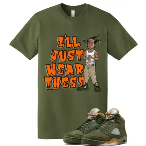 Shirts To Match Jordans 5 Olive Army Solar Orange Black Retro, Olive Green Outfit, Fitz 4 kickz Funny Shirt to match the retro Jordan 5 Olive army Green Solar orange, White Round Neck Tee, Shirt Short Sleeve Casual