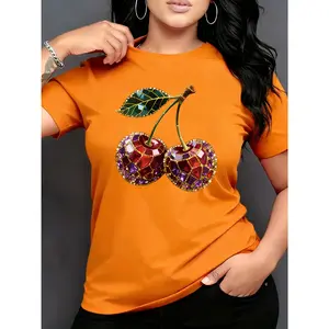 Women's 100% Cotton Smooth Fabric Printed Short-Sleeve Round Neck T-Shirt, Cherry Pattern, Multiple Colors, Sweet Elegant Fit, Birthday Gift, Travel Vacation Wear