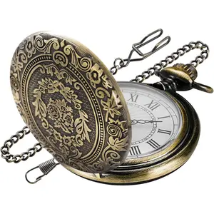 Large Decorative Flower  White Roman Numeral Scale Quartz Pocket Watches for Men with Chain