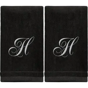 2 Pack 11x18 Personalized Initial Fingertip Towels, White Embroidery on Black Towel, Modern Monogrammed Towels, Great Personalized Initial Gift for Women, Teachers, Friends, Bridesmaids