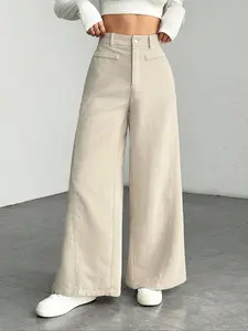 1 piece of women's four-season corduroy high-waist Faux pockets loose drapey wide-leg casual Trouser retro Vintage style, suitable for office, vacation, home, Everyday wear, festivals, four seasons