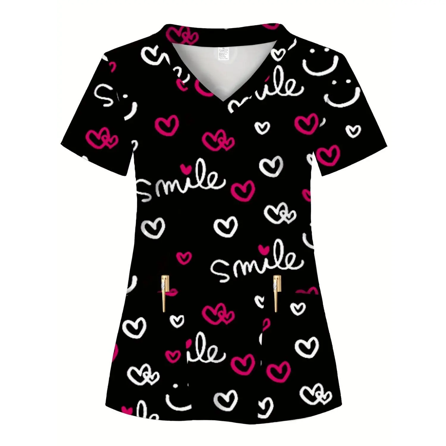 Women's Scrub Top with SMILE Full-Body Print, Two Pockets - Comfortable, Breathable, and Practical Uniform for Healthcare Professionals in Hospitals, Dental Clinics, and Beauty Salons