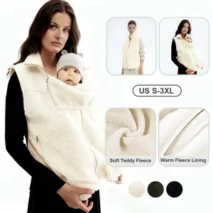 Pwest MAMA Women Before & After Babywearing Fleece Vest, Soft Teddy Fleece, Zippered Vest with Pocket, Detachable Babywearing Panel, 2 in 1 Design