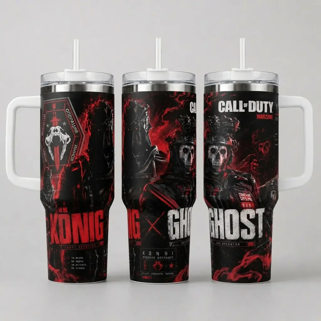Ghost & Koonig Call of Duty Tumbler Collection, 40oz & 20oz Tactical Special Ops Operator Insulated Stainless Steel Travel Mug with Handle and Straw, Military Warfare Gaming Merch Gift for Fans.