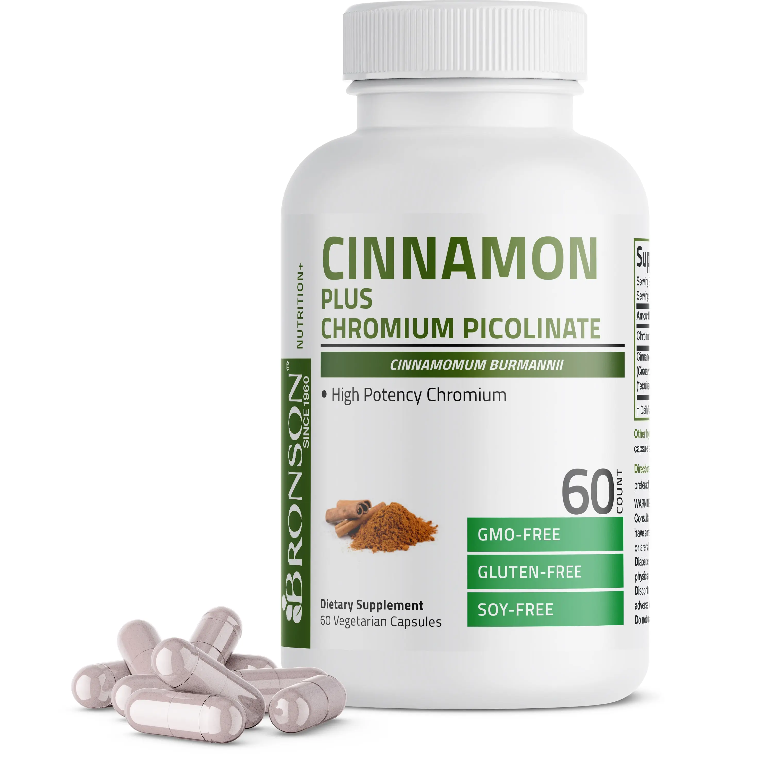 Bronson Labs Cinnamon Plus Chromium Picolinate Dietary Supplement Capsules - High Potency Chromium, Natural, Gluten-Free, GMO-Free, Vegan, Cinnamon Flavor, Supports Metabolism, Blood Sugar Regulation, Fitness