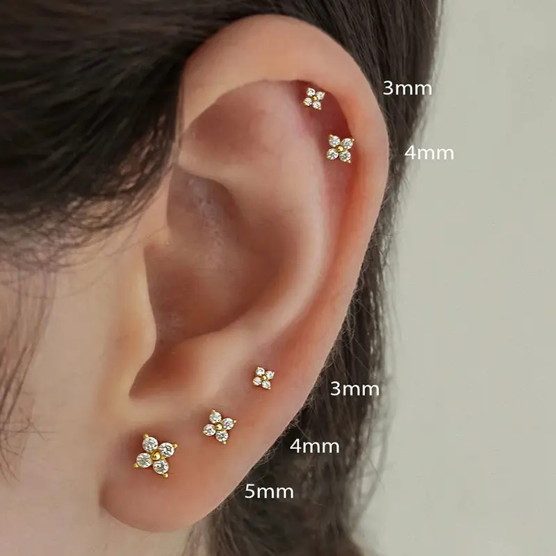 14K Gold Plated Tiny 4-Leaf Clover Flower Stud Earrings, 3mm/4mm/5mm Sizes, Dainty Mini CZ Cartilage Earrings, Sleep-Friendly No-Remove Piercing Jewelry for Multiple Piercings, Perfect Everyday Wear Gift for Her