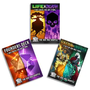 Draw20 Dice Cards 3 deck Bundle - Get one of each : Life & Death - Founders Deck - Valor & Villainy. 2 sets of 20 in each box Perfect for any TTRPG