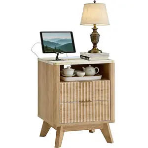 Nightstand with Charging Station, 18" Small Bedside Table with Faux Marble Top, 2 Drawer Oak Nightstand for Bedroom, Modern Curved Night Stand for Living Room