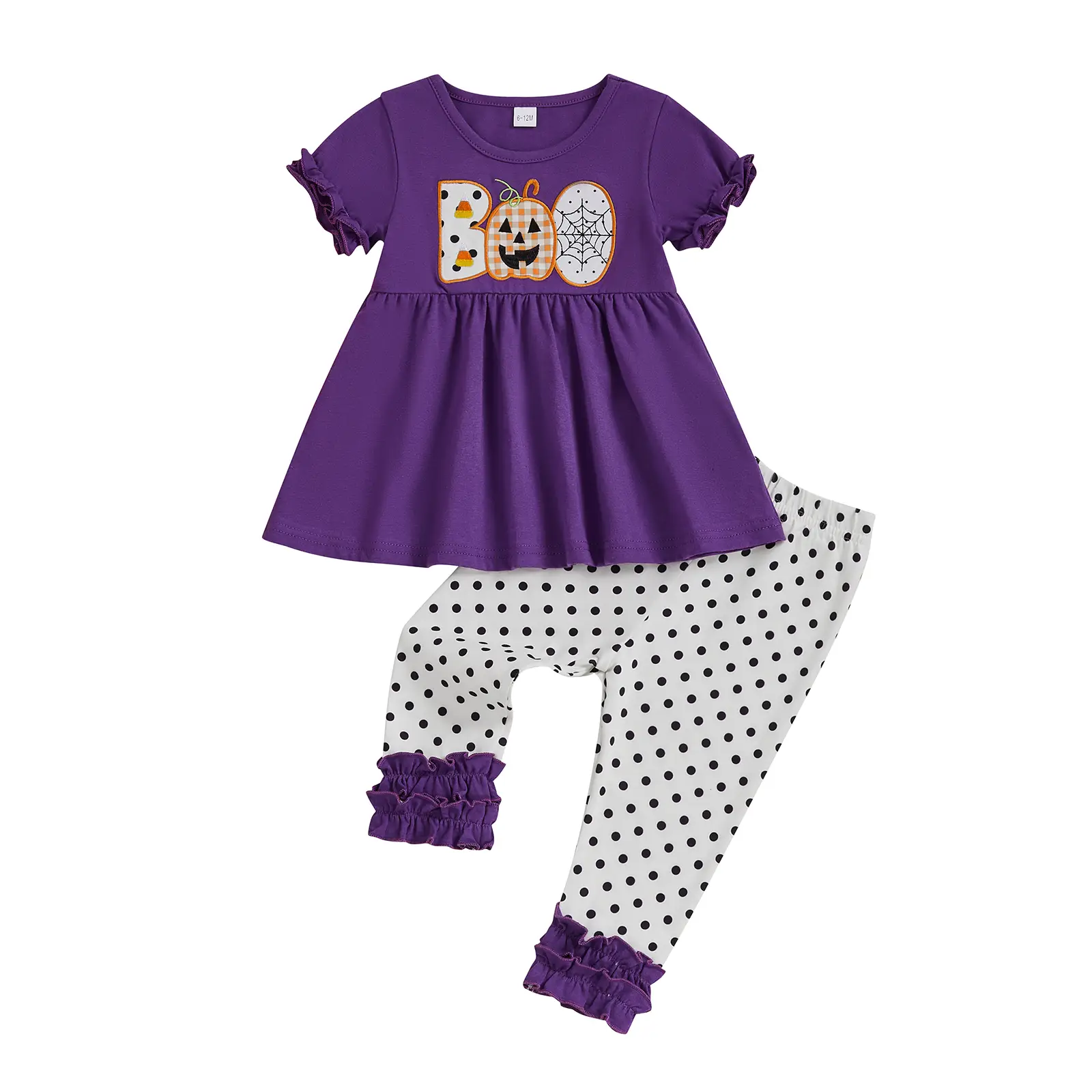 FOCUSNORM Toddler Baby Girl Halloween Outfit Pumpkin Letter Short Sleeve Dress Tops Polka Dots Ruffle Pants 2Pcs Set Fall Clothes 6M-4T