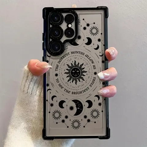 Cute Sun and Moon Black Pattern TPU Smartphone Cover - Shockproof, Waterproof, Transparent Soft Back Protector with Raised Edges for Samsung Galaxy S25 S24 S23 S22 S21 FE Ultra Plus 4G 5G Cellphone Devices Handheld Accessories