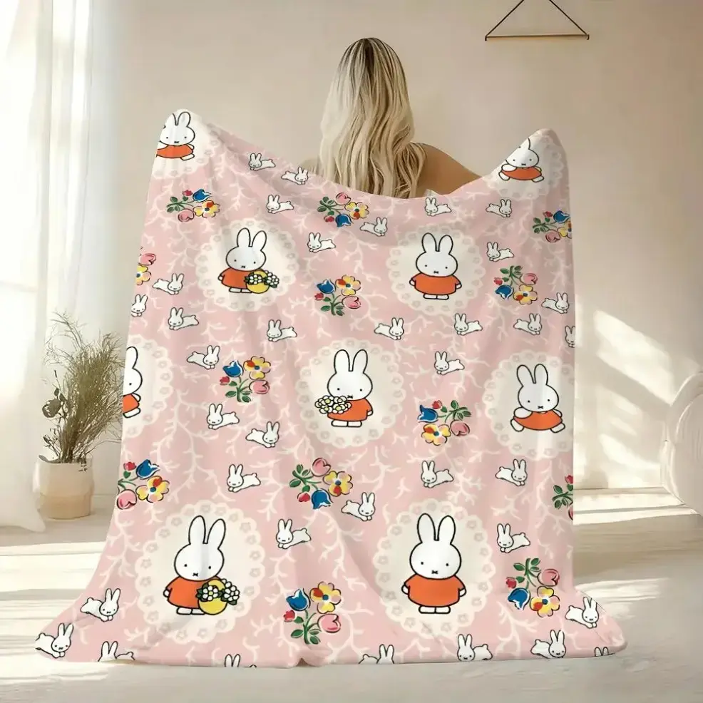 M-Miffy Bunny Print Flannel Weave Throw Blanket, Baby blankets and adult blankets - Soft Fluffy, Lightweight, Skin-Friendly, Multi-Size All Season Sofa Bed Cover, Cozy Household Bedding, Ideal Birthday Christmas Thanksgiving Gift for Family